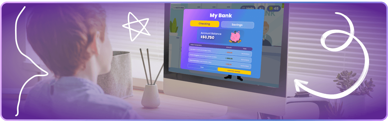 A child using the Xzeckies My Bank screen on a computer