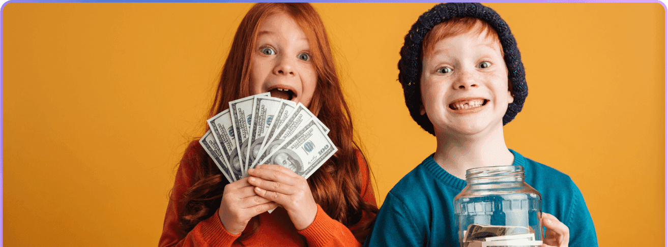 Two excited kids holding cash and a jar of savings
